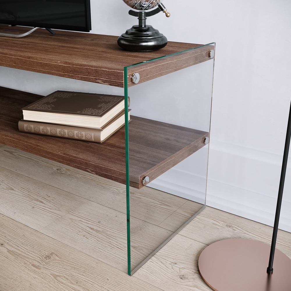 Osari Tempered Glass Frame TV Stand with Solid Wood Walnut Shelves