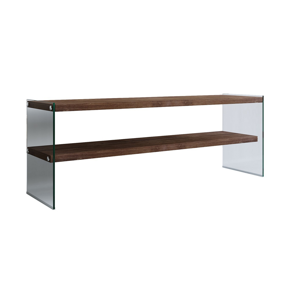 Osari Tempered Glass Frame TV Stand with Solid Wood Walnut Shelves