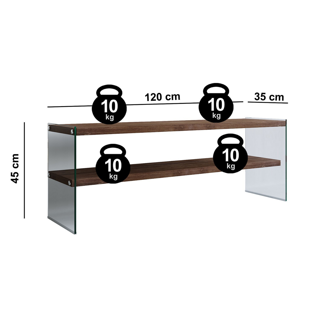 Osari Tempered Glass Frame TV Stand with Solid Wood Walnut Shelves