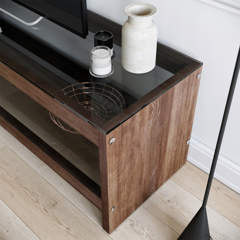Osari Tempered Glass Top TV Stand with Solid Wood Walnut Frame