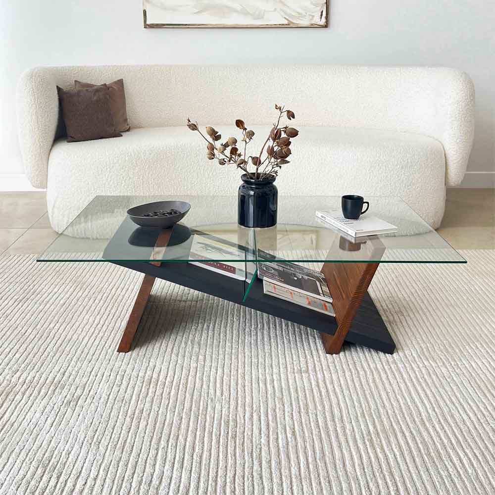 Osari Wooden Coffee Table with Tempered Glass in Black and Chesnut