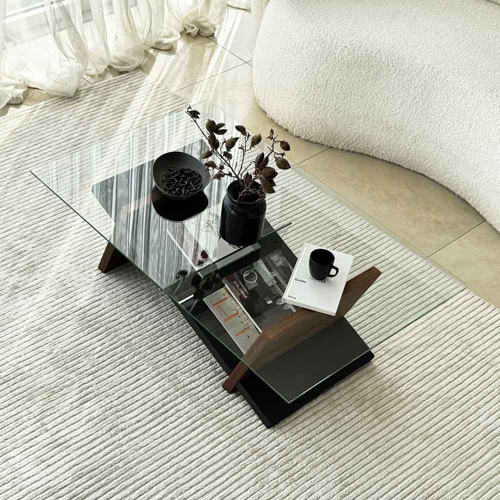 Osari Wooden Coffee Table with Tempered Glass in Black and Chesnut