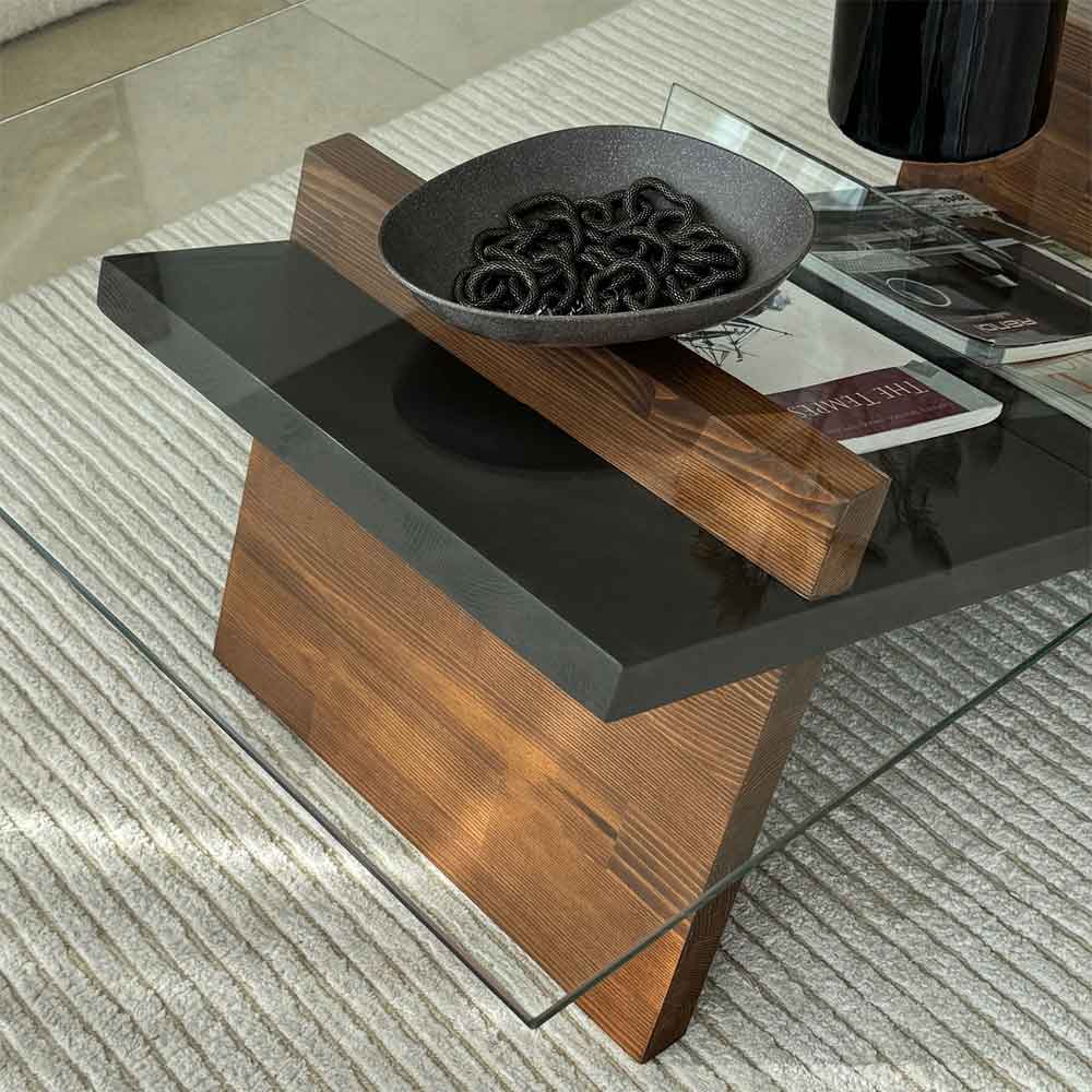 Osari Wooden Coffee Table with Tempered Glass in Black and Chesnut