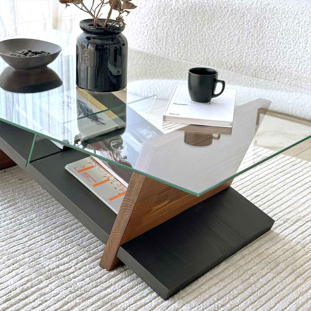 Osari Wooden Coffee Table with Tempered Glass in Black and Chesnut