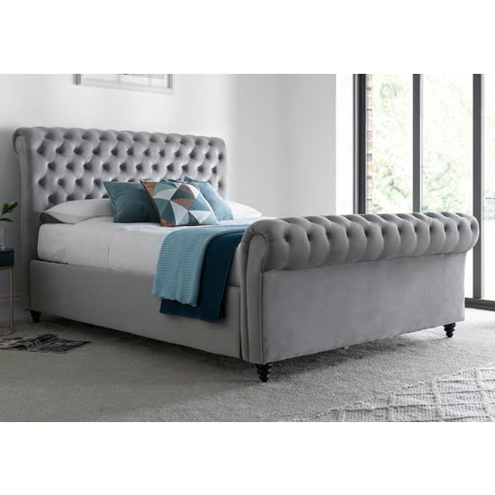 Product photograph of Olbia Velvet Chesterfield Ottoman Double Bed In Grey from Furniture in Fashion
