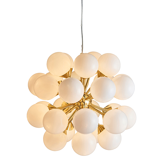Oscar 28 Lights Gloss Opal Glass Pendant Light In Brushed Brass