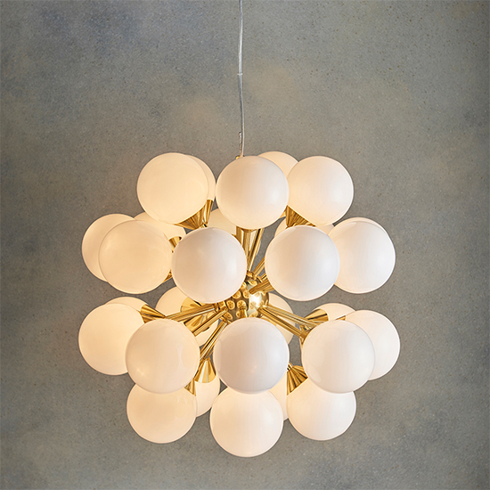 Oscar 28 Lights Gloss Opal Glass Pendant Light In Brushed Brass