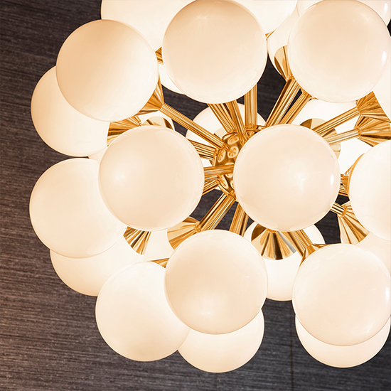 Oscar 28 Lights Gloss Opal Glass Pendant Light In Brushed Brass