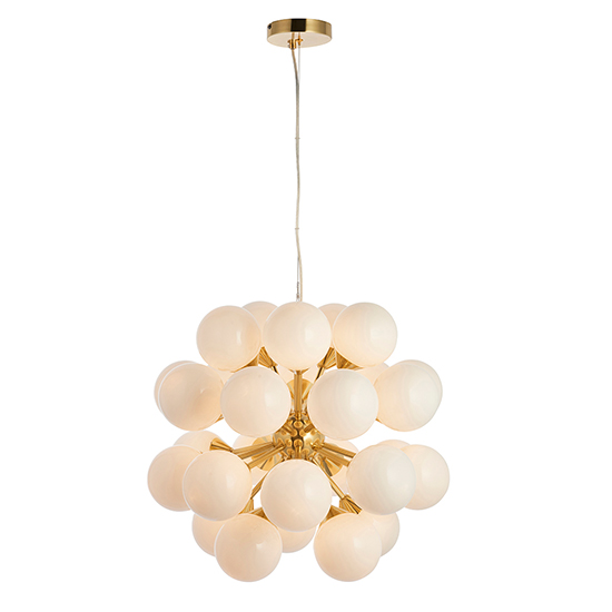 Product photograph of Oscar 28 Lights Gloss Opal Glass Pendant Light In Brushed Brass from Furniture in Fashion