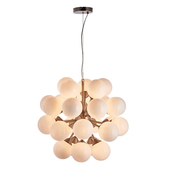 Product photograph of Oscar 28 Lights Gloss Opal Glass Pendant Light In Satin Nickel from Furniture in Fashion