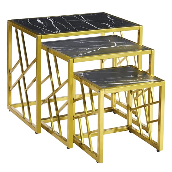 Oslo Gloss Nest Of 3 Tables In Black Marble Effect Gold Frame
