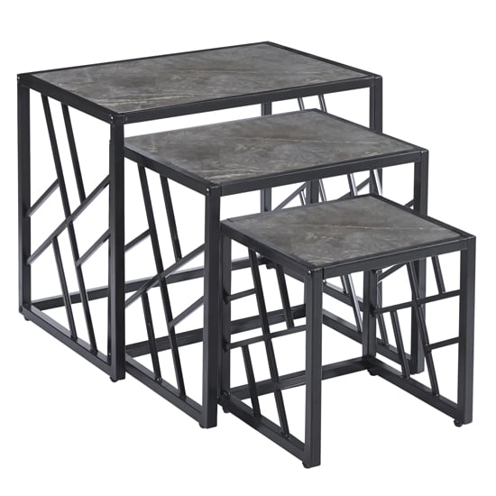 Oslo Gloss Nest Of 3 Tables In Grey Marble Effect Black Frame