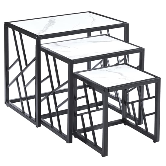 Oslo Gloss Nest Of 3 Tables In White Marble Effect Black Frame