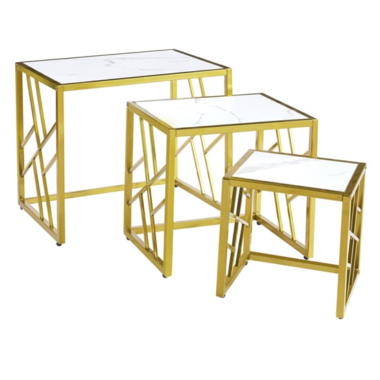 Product photograph of Oslo Gloss Nest Of 3 Tables In White Marble Effect Gold Frame from Furniture in Fashion