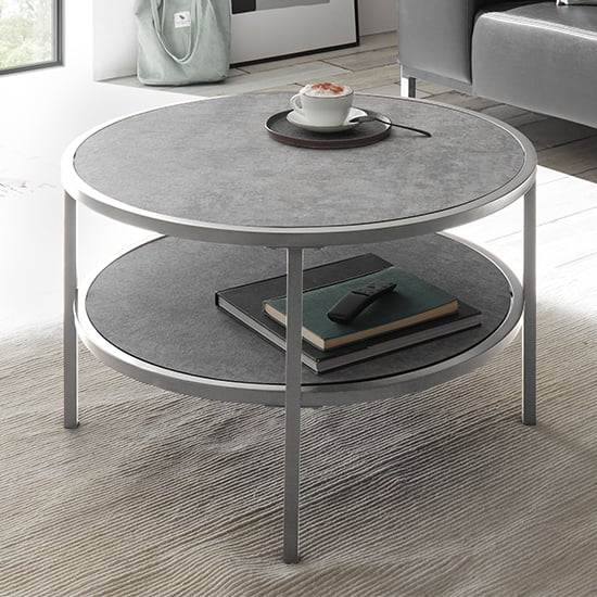Ostend Round Ceramic Coffee Table In Grey With Shelf_1