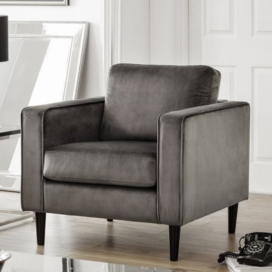 Oswald Armchair In Grey Velvet With Wooden Legs