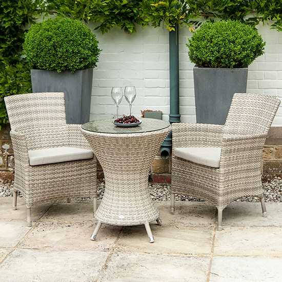 Photo of Ottery 600mm glass bistro table with 2 wave armchairs in pearl