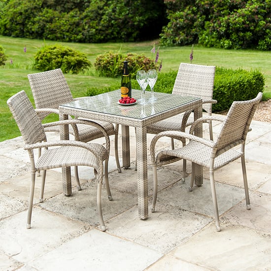 Read more about Ottery 810mm glass dining table with 4 fiji armchairs in pearl