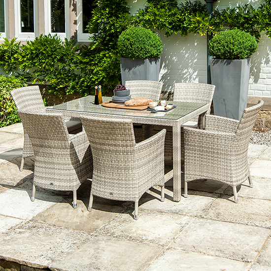 Photo of Ottery 810mm glass dining table with 6 wave armchairs in pearl