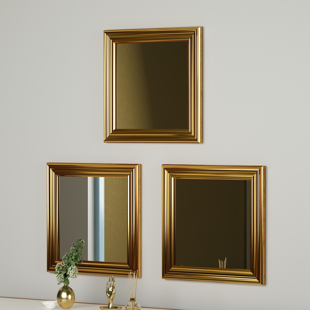 Otto Glass Set of 3 Wall Mirror with Gold Wooden Frame