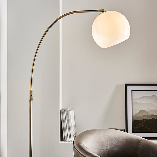 Otto Gloss White Glass Shade Floor Lamp In Antique Brass
