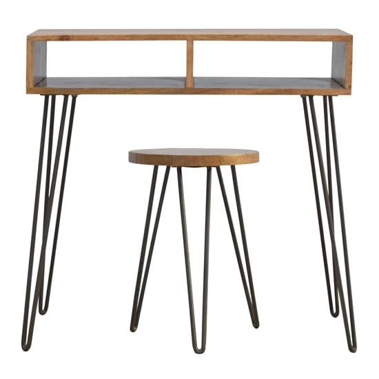 Read more about Ouzel wooden study desk in oak ish with stool and iron base