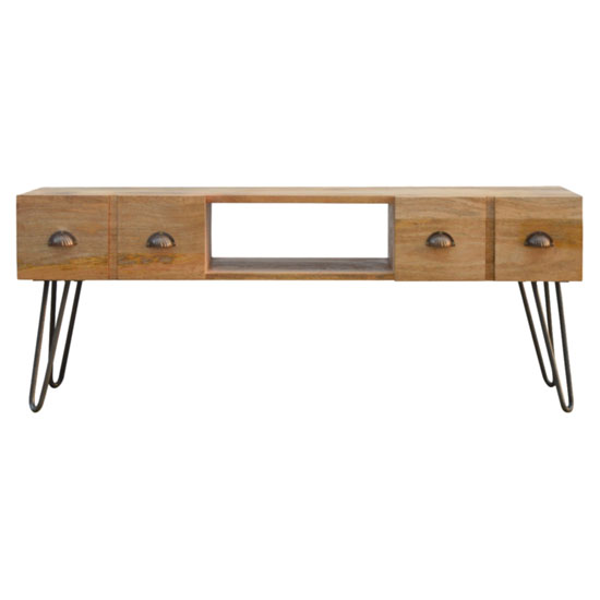 Ouzel Wooden TV Stand In Oak Ish With Iron Base_2