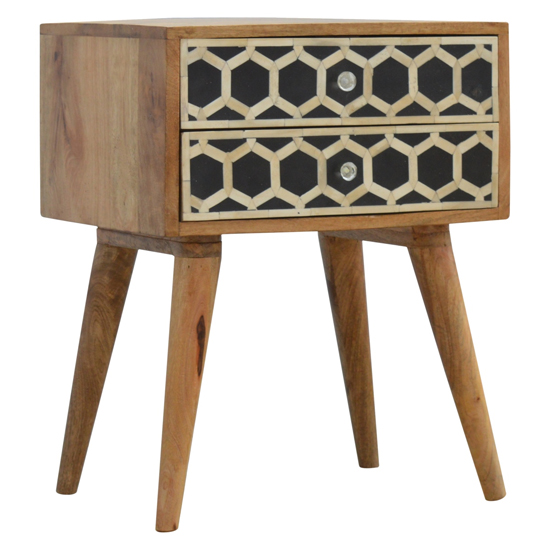 Read more about Ouzo wooden bedside cabinet in bone inlay and oak with 2 drawers