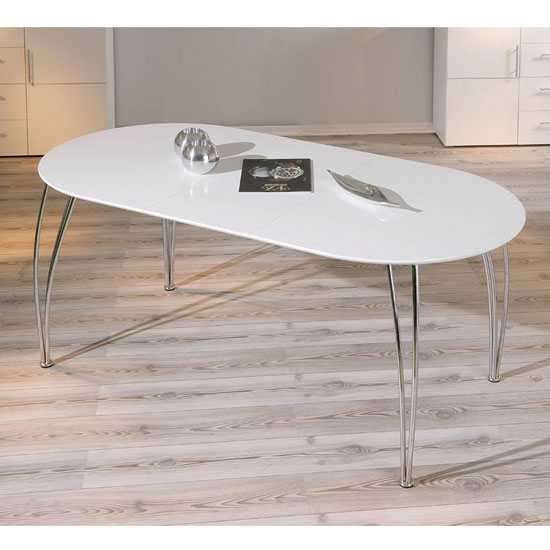 Ovali Extending Dining Table In High Gloss White With Metal Leg FiF