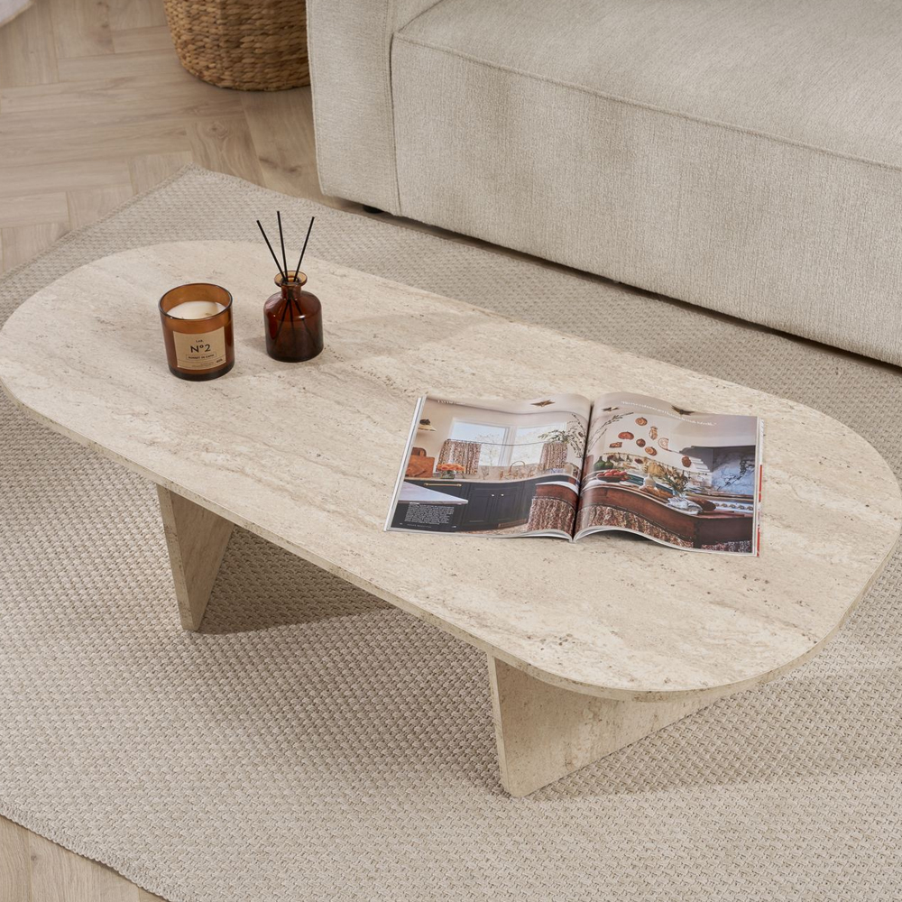 Sento Oval Wooden Coffee Table in Travertine Marble Effect