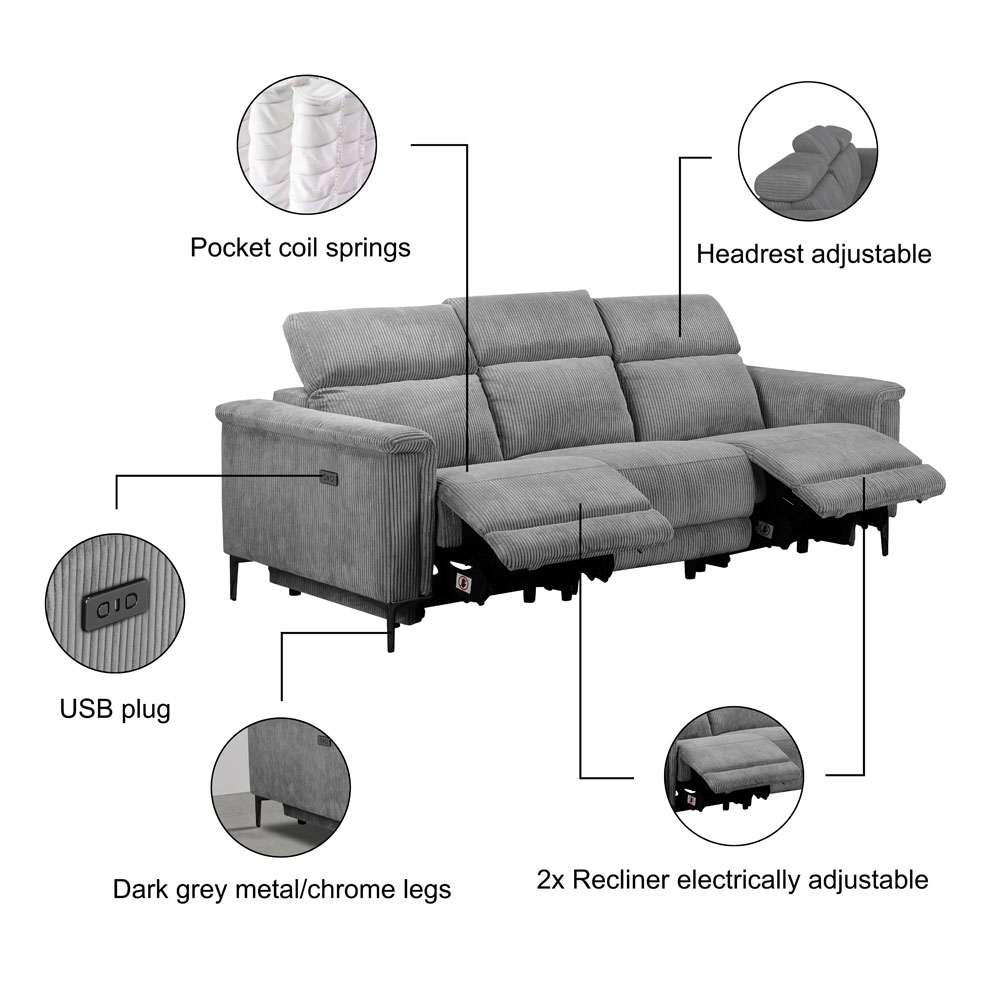 Ovaris Fabric Electric Recliner 3 Seater Sofa in Grey