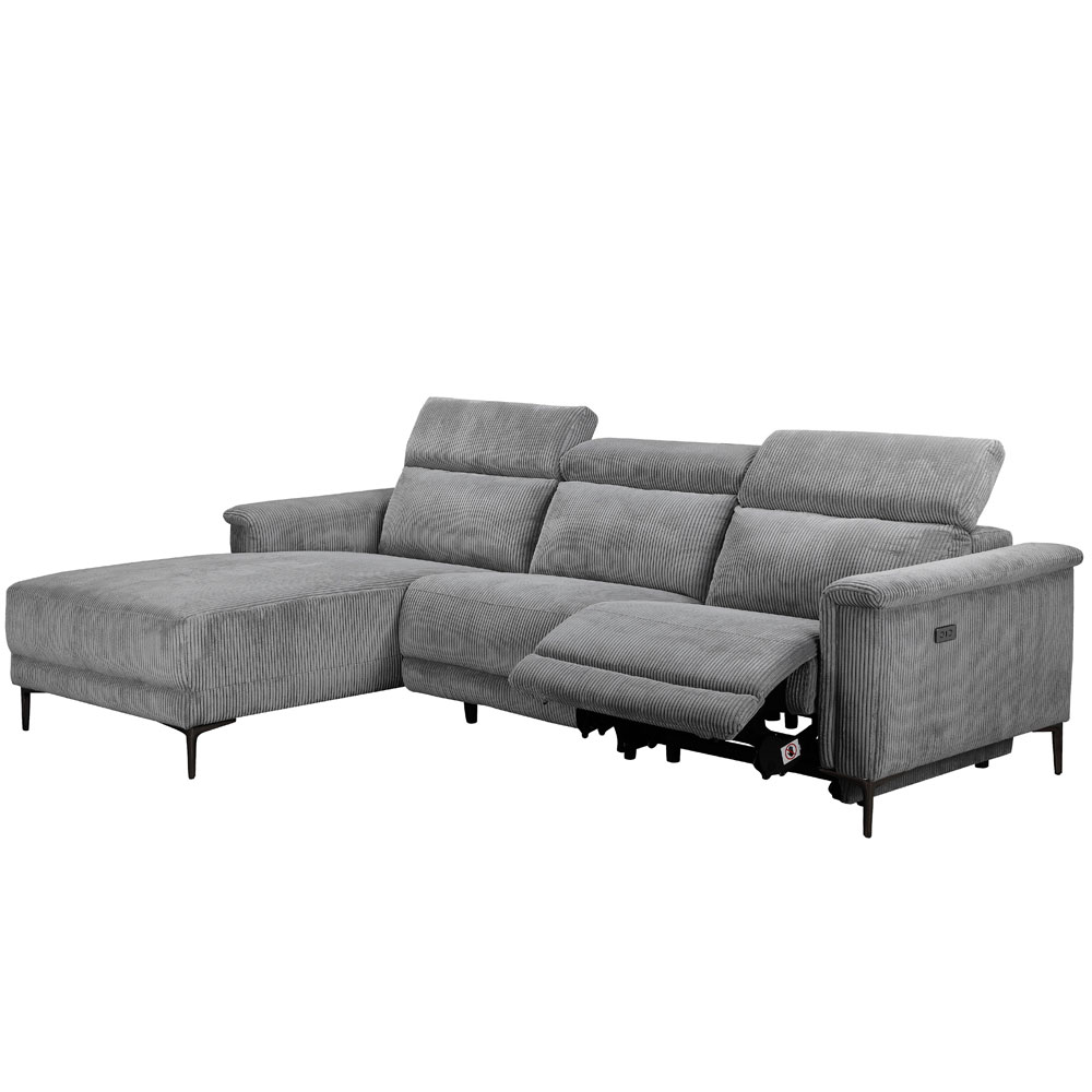 Ovaris Fabric Electric Recliner L Shape Sofa in Grey