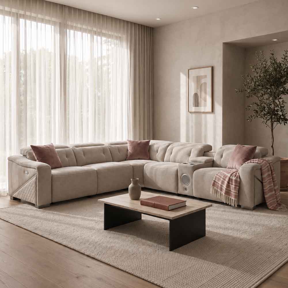 Ovaron Fabric Electric Recliner Corner Sofa in Beige