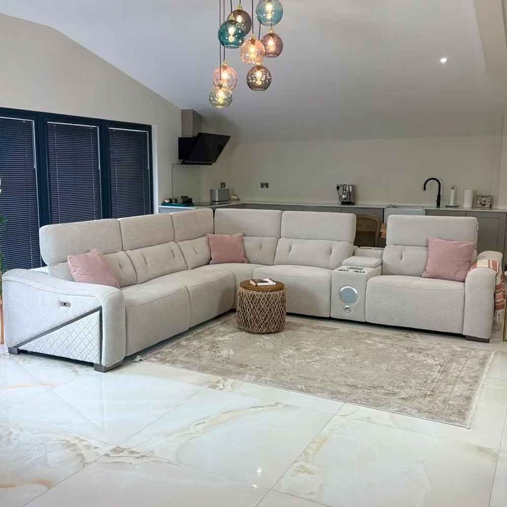 Ovaron Fabric Electric Recliner Corner Sofa in Beige