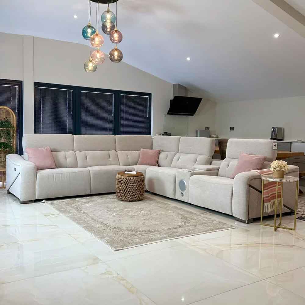 Ovaron Fabric Electric Recliner Corner Sofa in Beige