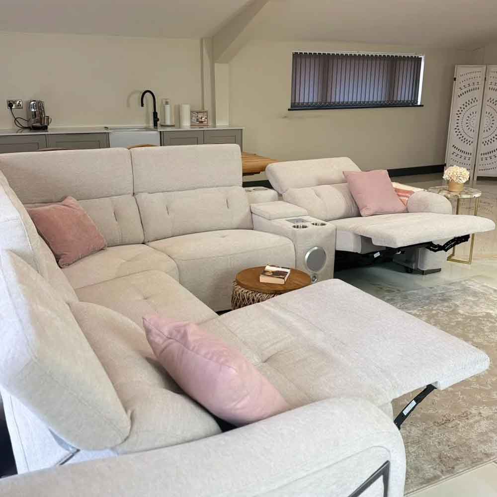Ovaron Fabric Electric Recliner Corner Sofa in Beige