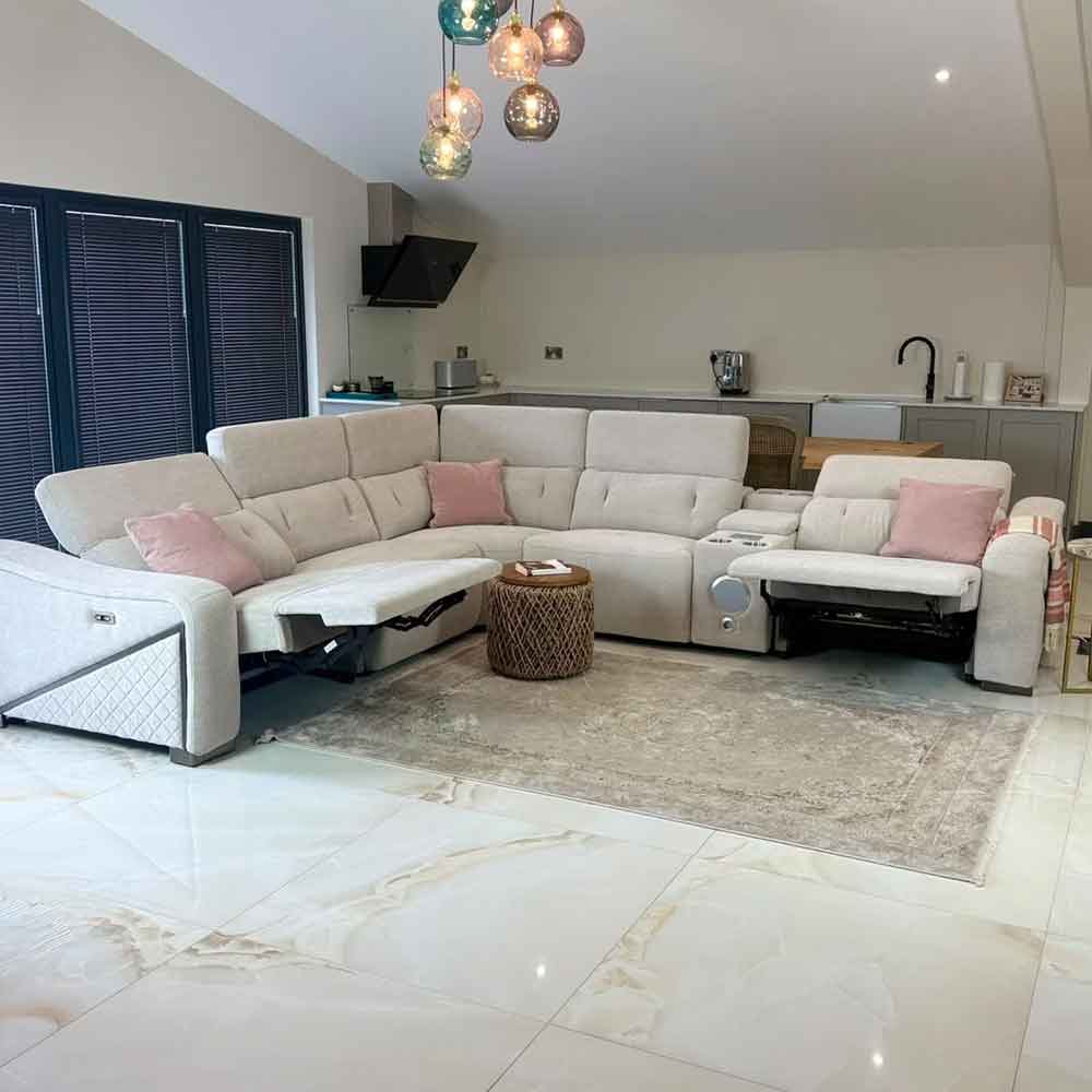 Ovaron Fabric Electric Recliner Corner Sofa in Beige