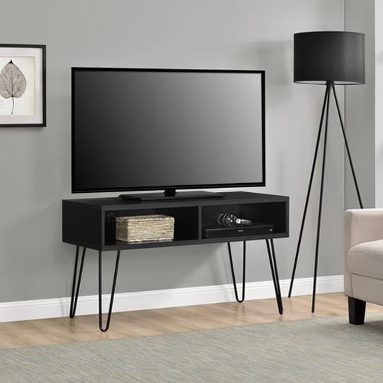 Ojai Wooden TV Stand With Black Legs In Black Oak