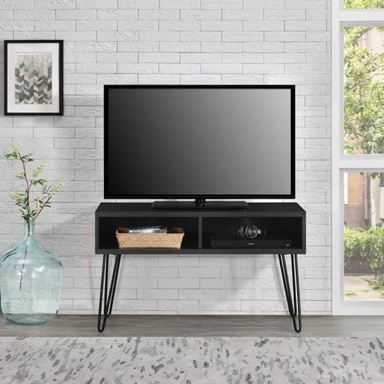 Read more about Ojai wooden tv stand with black legs in black oak