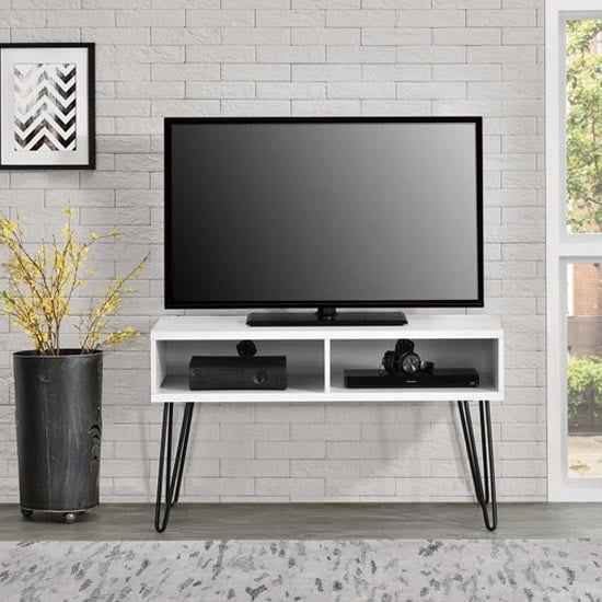 Read more about Ojai wooden tv stand with black legs in white