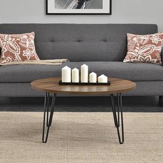 Ojai Wooden Round Coffee Table With Black Legs In Florence Walnut
