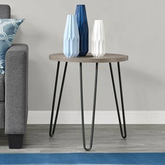 Ojai Wooden Round Side Table With Black Legs In Grey Oak