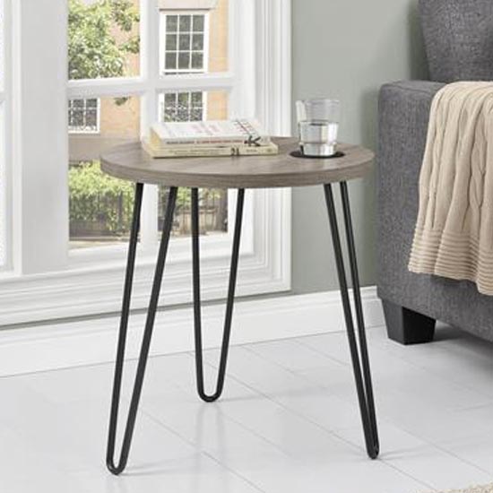 Ower Wooden Round End Table In Distressed Grey Oak