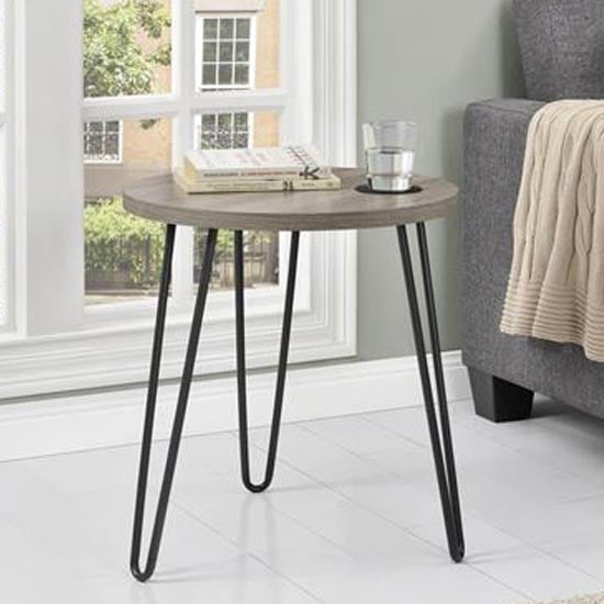 Read more about Ojai wooden round side table with black legs in grey oak
