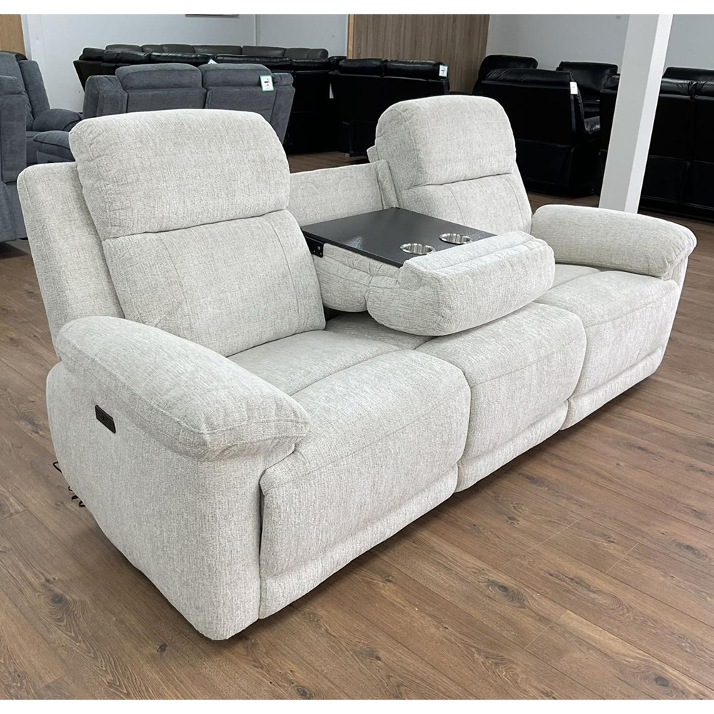 Owenton Fabric Electric Recliner 3 Seater Sofa In Beige