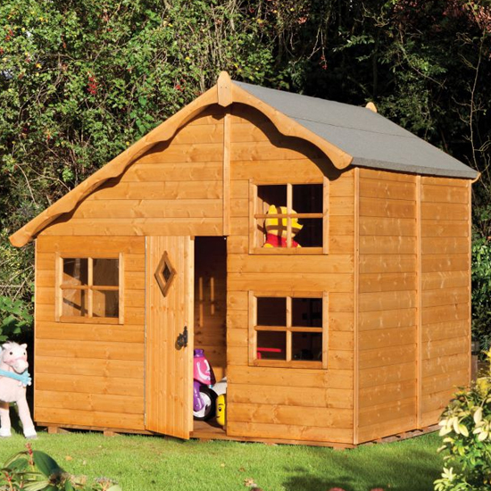 Photo of Oxer wooden swiss cottage kids playhouse in natural timber