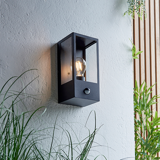 Oxford PIR Clear Glass Panels Wall Light In Matt Black