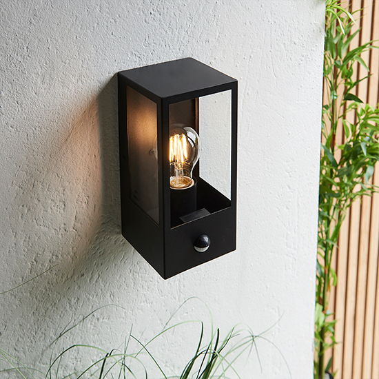 Oxford PIR Clear Glass Panels Wall Light In Matt Black