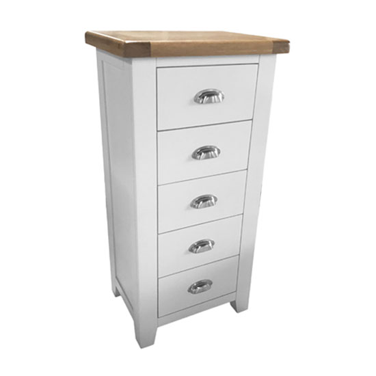 Photo of Oxford tall chest of drawers in white and oak with 5 drawers
