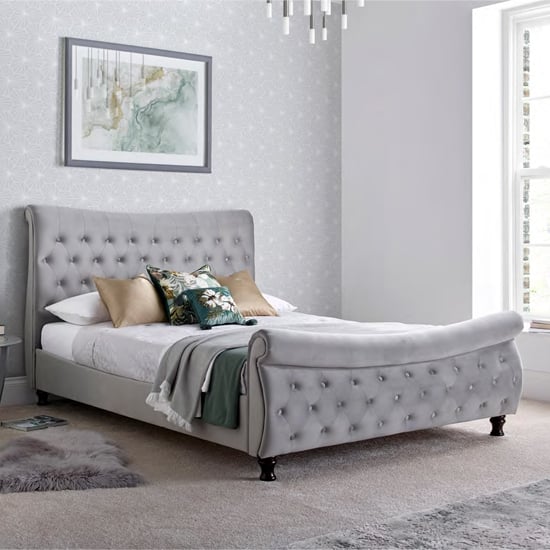 Product photograph of Orem Velvet Chesterfield Sleigh Double Bed In Grey from Furniture in Fashion